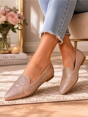 Pointed-Toe Glitter Flats for Women - Rose Gold
